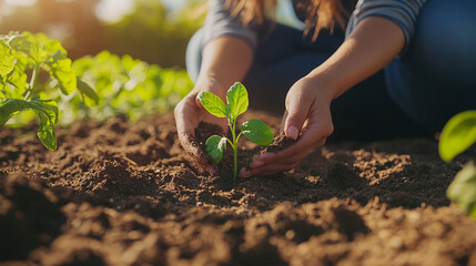 Unrecognizable woman holding a green seedling growing in soil. Anonymous female organic farmer protecting a young plant in her garden. Sustainable female farmer planting a sapling on her farm.