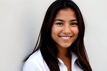 isolated Young pretty happy smiling native american woman set against a solid  wall, head shot, indigenous, aboriginal, portrait, female, cheerful, traditional, culture, beauty, expression, confident
