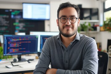 Fototapete - Caucasian man sits in modern office working on laptop. He is a software developer, typing code on keyboard. Man is focused on digital work, connected to virtual network.