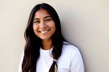 isolated Young pretty happy smiling native american woman set against a solid  wall, head shot, indigenous, aboriginal, portrait, female, cheerful, traditional, culture, beauty, expression, confident
