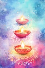 Watercolor background with delicate illustrations of Diwali lights and rangoli patterns.