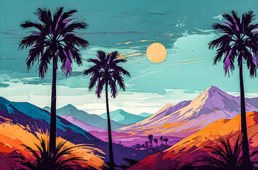 Wall Mural - abstract palm trees in a mountain landscape a vibrant, hand-painted impressionist scene of abstract 
