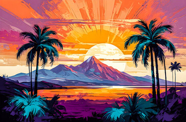 Wall Mural - abstract palm trees in a mountain landscape a vibrant, hand-painted impressionist scene of abstract 