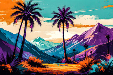 Wall Mural - abstract palm trees in a mountain landscape a vibrant, hand-painted impressionist scene of abstract 