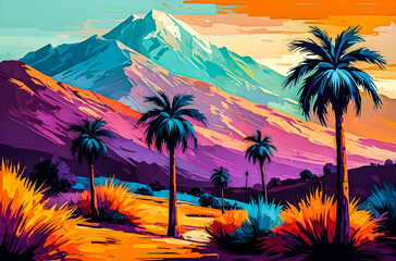 Wall Mural - abstract palm trees in a mountain landscape a vibrant, hand-painted impressionist scene of abstract 