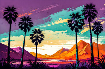 Wall Mural - abstract palm trees in a mountain landscape a vibrant, hand-painted impressionist scene of abstract 