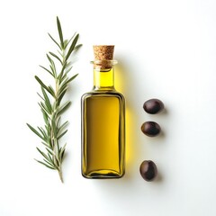 Poster - A beautiful glass bottle filled with olive oil. Fresh green rosemary rests beside it. Three dark olives are placed neatly alongside. Perfect for culinary and wellness purposes. AI.