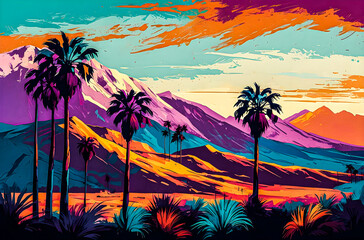 Wall Mural - abstract palm trees in a mountain landscape a vibrant, hand-painted impressionist scene of abstract 