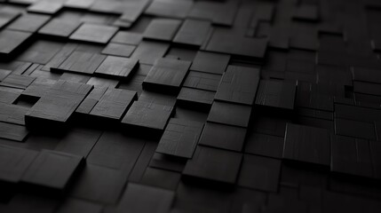 Intricate abstract pattern of black tiles creating a visually striking surface with depth and texture.
