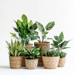 Canvas Print - A collection of beautiful green plants in natural woven baskets. Perfect for home decor or interior design. This image captures a serene and fresh atmosphere. AI