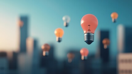 Floating light bulbs over a city skyline representing innovation and ideas.