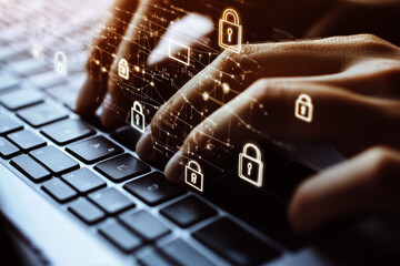 Wall Mural - hands of a businessman use a laptop with a virtual padlock icons, cyber and data security concept