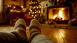 © Phichitpon - Cozy scene of feet in wool socks by a roaring fireplace in a warm rustic cabin