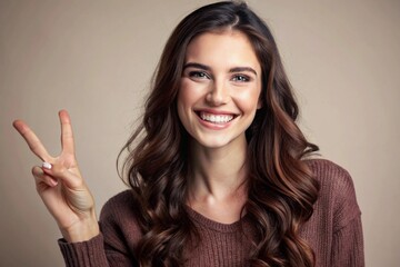 Young smiling cheerful happy woman she wearing red t-shirt casual clothes showing victory sign