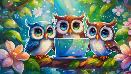 oil painting style cartoon character illustration  Owls gathered around a laptop,