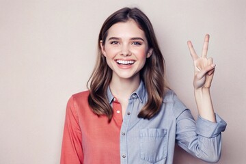 Young smiling cheerful happy woman she wearing red t-shirt casual clothes showing victory sign