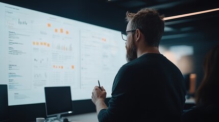 Man analyzing data on a screen in a modern office environment.