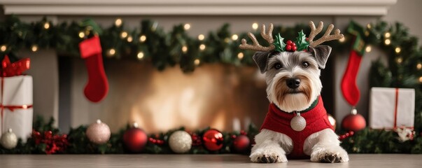 Wall Mural - Adorable Schnauzer in festive attire poses by a cozy fireplace decorated for Christmas, surrounded by ornaments and gifts, dog in christmas costume