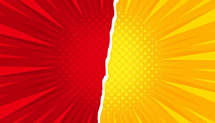 Yellow red versus modern retro halftone sunburst comic explosion for template, cover, banner, poster, background