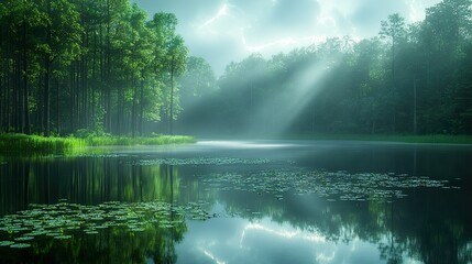 Wall Mural - Serene Lake in a Lush Forest with Sunlight Breaking Through the Clouds