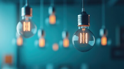 Hanging light bulbs illuminating a modern space with a blue backdrop.