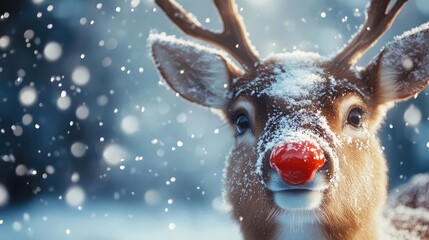 Wall Mural - A close-up of a festive reindeer with a red nose, surrounded by soft snowflakes in a magical winter wonderland setting.