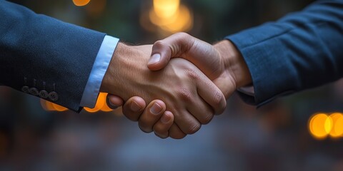 Two hands shaking in a professional setting, symbolizing trust, agreement, and collaboration between individuals in business.