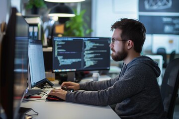 Fototapete - Male programmer sits at office desk, focused on computer screen. He works on software project, typing on keyboard, surrounded by digital information. Modern technology supports his occupation.