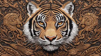 Wall Mural -  A tight shot of a tiger's expressive face on a wooden backdrop, intricately adorned with a design of leaves and flowers