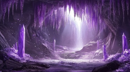 Wall Mural -  A purple cave featuring staircase ascent and abundant icicles dangling from its icy ceiling