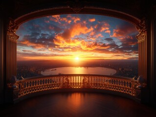 Sunset view from ornate balcony overlooking water