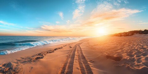 A serene beach landscape at sunrise features tire tracks in the sand, waves crashing, and golden light, all captured in a wide-angle perspective for a photorealistic view.