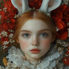 Canvas Print - Young Girl with Floral Crown and Bunny Ears - Dreamy Portrait