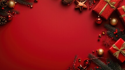 festive christmas background with gifts, ornaments, and greenery on red surface.