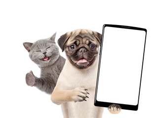 Aufkleber - Smiling Pug puppy holds big smartphone with white blank screen in it paw, showing close to camera. Happy cat shows thumbs up gesture. isolated on white background