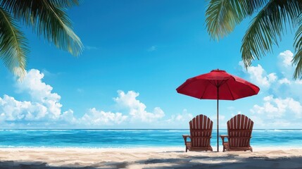 Wall Mural - two beach chairs under a red umbrella by the shore, clear blue sky and ocean.