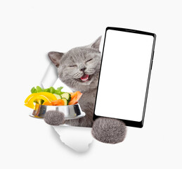 Poster - Cute kitten looks through the hole in white paper, holds bowl of vegetables and  shows smartphone with white blank screen in it paw, Empty free space for mock up, banner