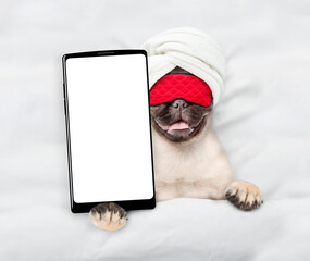 Fototapete - Pug puppy wearing towel and sleeping mask lying on a bed at home and showing big smartphone with white blank screen in it paw. Top down view