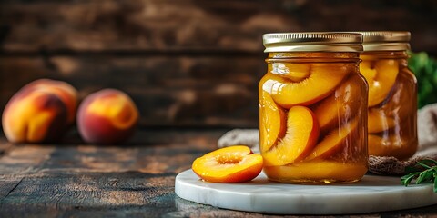 Canned peaches in glass jars rest on a white marble countertop, surrounded by warm lighting and rustic wooden backgrounds, capturing the essence of homemade preserves in culinary still life.