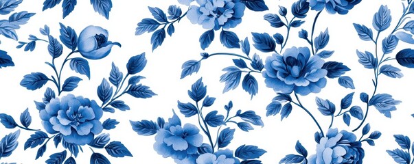 A floral design featuring blue roses and green leaves on a white background, creating a fresh and elegant aesthetic.