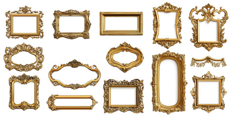 vintage gold ornate picture frames, various shapes and sizes, isolated on png cutout background.