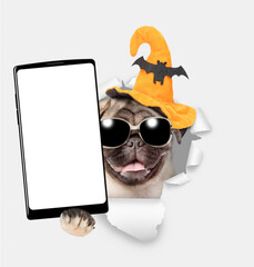 Poster - Funny Pug puppy wearing sunglasse  hat for halloween holds big smartphone with white blank screen in it paw, showing close to camera through torn white paper hole. Empty free space for mock up, banner