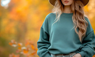 A woman wearing sweater for mockup with a wide-brimmed hat stands amidst a vibrant autumn foliage, eyes closed, taking in the colors of the season