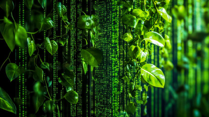 Green leaves growing over computer code background