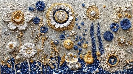  A detailed view of an artistic composition, crafted from beads and fabric It features intricately designed flowers and leaves