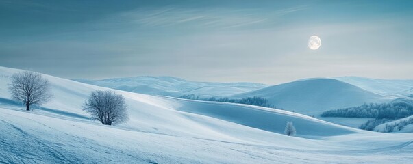 A serene snow-covered landscape with gentle hills, a glowing moon, and sparse trees under a calming blue sky.