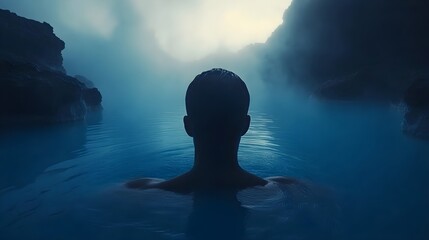 a person from behind, submerged up to their shoulders in a body of water. The scene is set in a misty or foggy environment, with the water appearing calm and blue.