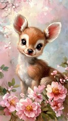 Wall Mural -  A painting of a baby deer atop a pink, flower-laden branch amidst surrounding pink blossoms