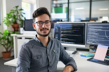 Fototapete - Male programmer works in modern office with computer, laptop, software. Adult caucasian man sits at desk with intense focus on coding. Digital technology, information systems, online connections