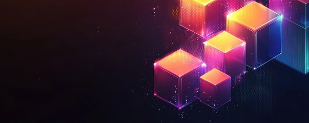 Wall Mural - isometric neon geometric design featuring glowing cubes and digital network patterns in a futuristic